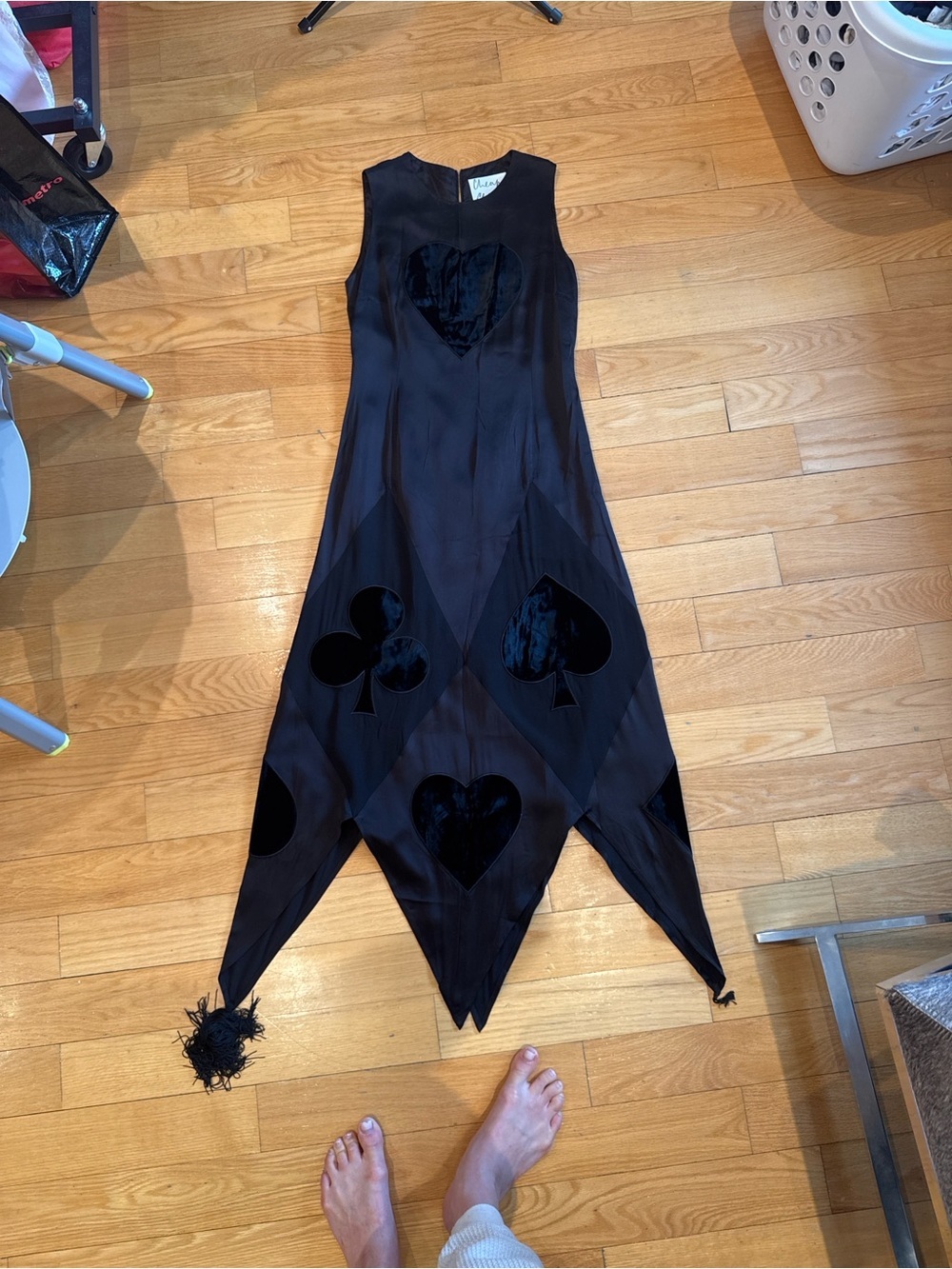 Vintage 90s Moschino Cheap & Chic Playing Card Dress Black Velvet Appliqué - Picture 11 of 14